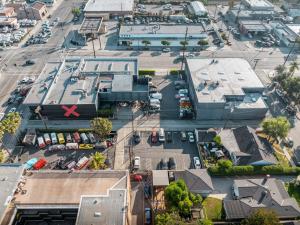 Aerial view of the X Buildings studio campus in Burbank, showing both freestanding buildings, parking areas, and surrounding streets.
