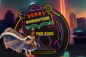 Ferry Godmother in flowing royal cape, staff, crown and gold skates, ready to skate standing in front of a bright and vibrant neon color entrance of the roller rink