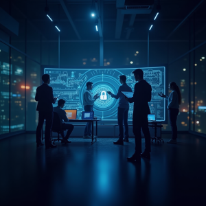 Managed IT Solutions with blue and orange lights glowing with cybersecurity symbolism.
