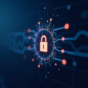 Cybersecurity Solutions with blue and orange lights glowing with cyber security symbolism of a padlock and wires.