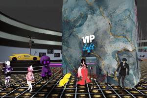 3D avatars pose at the Ferry Godmother Roller Rink near a marbled glass elevator marked “VIP virtual reality Lounge.” A luxury yellow car rotates on a showroom pedestal, with gold-accented floors, aquarium visuals, and digital art creating a stylish virtual lounge scene