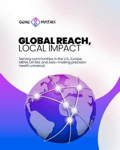 Gene Matrix graphic with logo, headline “Global Reach, Local Impact,” a tagline on serving U.S., Europe, MENA, LATAM and Asia, plus a purple‑blue globe linked by white network lines to symbolize worldwide precision‑health access.