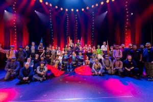 The full cast and crew of Circus 1903 take a final bow on stage in Jeddah, celebrating the end of their tour and a milestone 600th performance