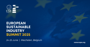 Graphic banner with the title "European Sustainable Industry Summit 2025," dates "24–25 June," and location "Mechelen, Belgium" on a blue background with a close-up of the European Union flag.