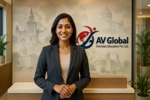 Indian female counselor smiling at AV Global Overseas Education office reception