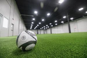 Close up shot of a soccer ball on the new indoor field