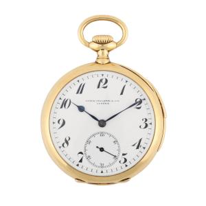 Patek Philippe 18k gold, 31J, minute repeater pocket watch, manufactured circa 1914-1916, cased in 18k yellow gold with a white enamel dial with Roman numerals. (CA$16,520)