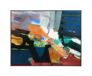 Large oil and acrylic on canvas painting by Syd Solomon (American, 1917-2004), titled Naturole (1974), 48 inches by 59 ¾ inches (canvas, minus the frame), artist signed and titled ($12,100).