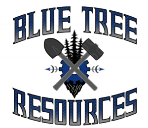 Blue Tree Resources logo featuring crossed shovel and sledgehammer over a gear and evergreen trees, with bold metallic text above and below.