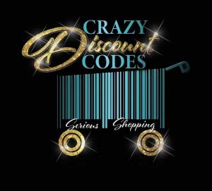 Crazy Discount Codes app logo featuring a barcode shopping cart design with gold and teal accents.