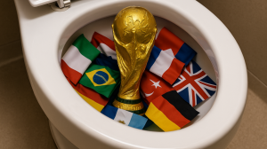 A golden World Cup trophy sits inside a toilet bowl surrounded by crumpled national flags, including Italy, Brazil, Argentina, Germany, Turkey, France, and the UK—illustrating the decline in emotional appeal and relevance of national football teams.