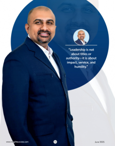 Dr. Mohana Rao Patibandla in a navy suit standing confidently with a quote beside him that reads, “Leadership is not about titles or authority—it is about impact, service, and humility.”