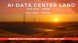 Bird’s-eye view of 5,000-acre Texas hyperscale AI factory or data center site with 250 MW ramp up to 1 GW behind-the-meter infrastructure.