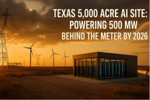 Close up of 345 kV towers running parallel to switching station, illustrating critical grid access for 500 MW to GW AI compute farm in west Texas Panhandle for power plant development