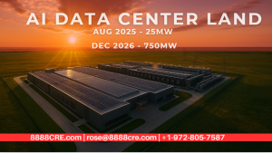 DATA CENTRE SITE: Panoramic shot of 5,000 acre data center or AI factory site with wind turbines for available PPA capacity for power offtake and microgrid behind the meter solutions