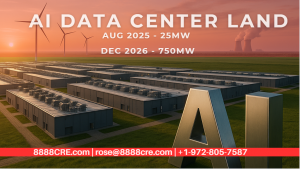 Close up of  AI infrastructure and power plant for data center with behind the grid power available for PPA and a 345kV switching station for grid access with offtake of MW to GW for data center campus or AI compute farm in west Texas Panhandle for sale t
