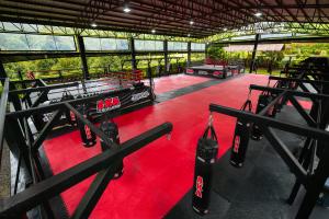 Muay thai training area at AKA Thailand featuring oversized rings, heavy bags, and a clean, professional setup in a jungle resort environment.