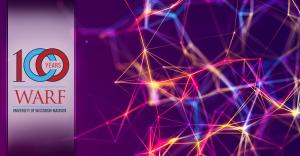 Futuristic abstract digital technology background, with WARF centennial logo.