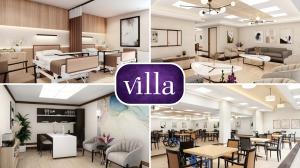 Collage of four images showing renovation progress at Imperial and Regency, Villa Centers. Photos include upgraded resident rooms, modern common areas, fresh paint, new flooring, and construction work in progress.