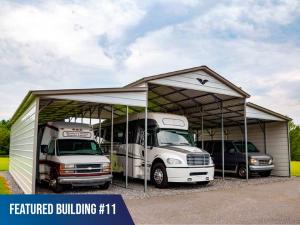 Photo of RV parked inside a secure metal rv carport, metal rv garage, metal storage building designed for taller RVs, motorhomes, or trucks. Building provided by Metallum Structures, previously Metal Carports.