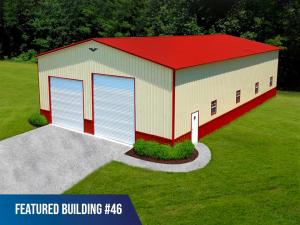 Metallum Structures commercial metal building with light brown walls and red metal roof and trim. Styled custom commercial metal building for storage, value-driven detached garage cost comparable to competitors. Custom garage dimensions for 2 car garage,