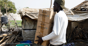LifeStraw boxes being distributed to families in South Sudan.