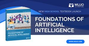 photo announcing the release of a high school textbook called foundations of artificial intelligence. The photo is of the textbook cover