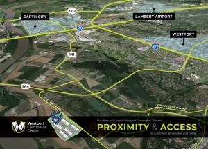 Aerial map showing the strategic location of the new Cheer Athletics St. Louis facility in the Westport Commerce Center, near major highways and Lambert Airport.