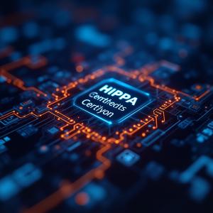 Futuristic  Blue and Orange Glowing  words - Hippa Compliance