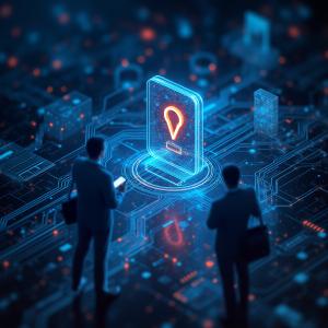 Futuristic  Blue and Orange Glowing Maps Logo