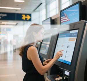 Ultrasonic directional speaker integrated into an interactive kiosk, delivering targeted audio to individual users in a public space.