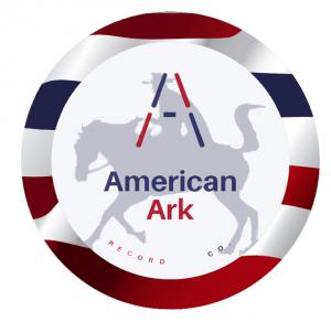 American Ark Record Co logo with an american flag on the edge and a cowboy on a horse in blue with the letter a in the top middle and the words American in blue and Ark in red and record co in blue.