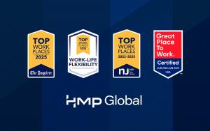 HMP Global logo with four top workplaces award logos