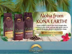 3 bags of Kona Earth on a tropical background