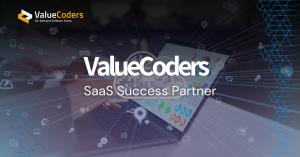 ValueCoders SaaS Success Partner banner showing a person using a laptop with digital analytics and cloud icons, symbolizing SaaS development solutions.