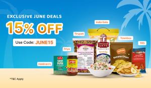 Dookan June offer banner showing 15% off Indian grocery brands like Haldiram’s, Priya, India Gate, TRS, Townbus, and Tirupati with code JUNE15.
