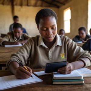  A learner in rural Eastern Cape accesses a digital lesson via mobile device, showcasing how online education is bridging geographic and economic barriers across Africa. (Image supplied by New Leaf Technologies)