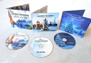 Three colorful CD packages on a cool blue backdrop, titled The London Sessions.