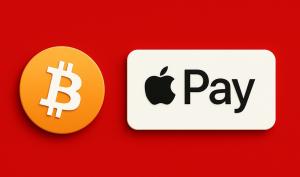 A bitcoin coin icon next to an apple pay logo