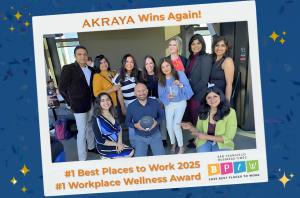 A group from Akraya celebrates winning #1 Best Places to Work 2025 and #1 Workplace Wellness awards.