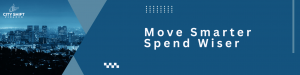 City Shift Finance launch banner with city skyline and tagline “Move Smarter, Spend Wiser” on a blue background.