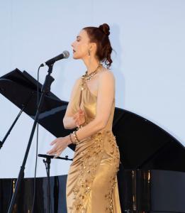 Chrystabell wears Tess Mann Atelier on stage at Tribute to David Lynch and Cerrone in Cannes, France. Photo used with permission @chrystabellofficial.