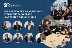 Collage of speakers and attendees at the World Sustainability Leadership Forum 2025, hosted by CSE at One World Trade Center in New York City to celebrate its 20th anniversary.