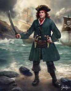 Colour artistic recreation of the face and body of Henry Avery the pirate king around the year 1696.