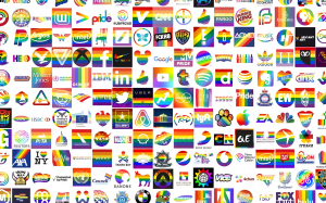 A collage of major global brand logos redesigned with rainbow Pride colors, symbolizing widespread corporate support during Pride Month and raising questions about authenticity and audience alignment.