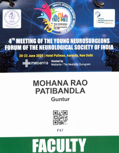 Faculty badge for Dr. Mohana Rao Patibandla from Guntur at the 4th Meeting of the Young Neurosurgeons Forum of the Neurological Society of India, Hotel Pullman, Aerocity, New Delhi, June 2025.