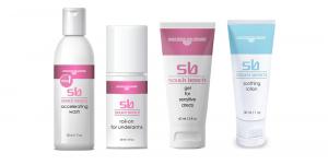 Four skincare products from South Beach Skin Solutions: accelerating wash, roll-on for underarms, gel for sensitive areas, and soothing lotion, displayed in a row.