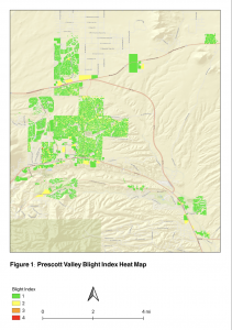 Map of Prescott Valley with color-coded Blight Index levels from low (green) to high (red), highlighting urban blight patterns.