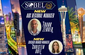 Announcement banner featuring Frank Zender and Christen Duff, the newest leadership hires at Sobel Network Shipping, with city skylines in the background.