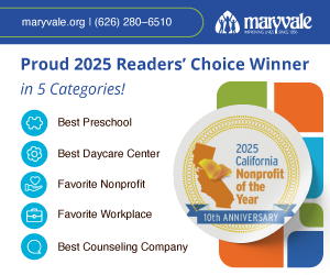 Graphic showing Maryvale’s 2025 Readers’ Choice wins for Best Preschool, Best Daycare Center, Best Counseling Company, Favorite Nonprofit, and Favorite Workplace, with California Nonprofit of the Year badge.